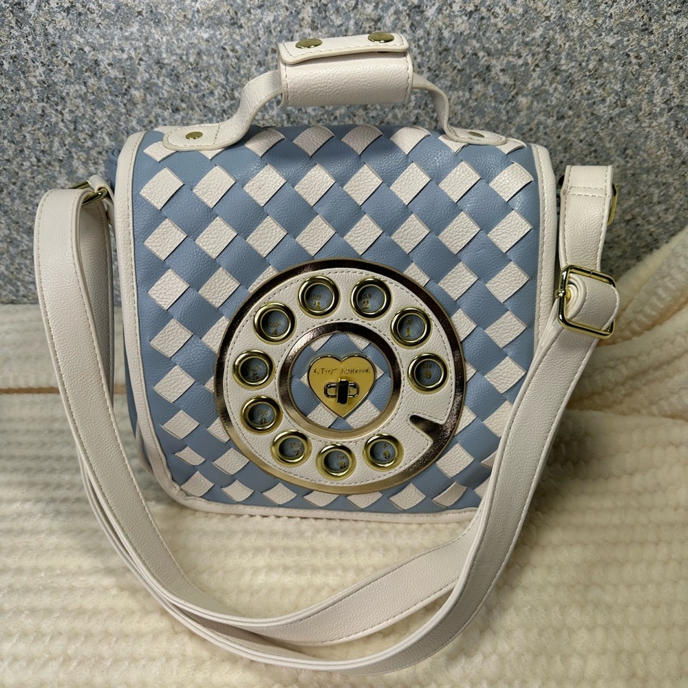 Betsey Johnson Phone Purse Call Me Blue Check Crossbody Body Shoulder Bag